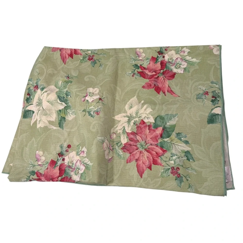 TerriSol 136x49 Green Tablecloth Poinsettia Floral Christmas Holiday Cottagecore